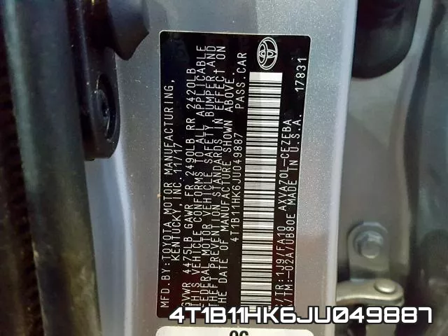 4T1B11HK6JU049887 фото 2