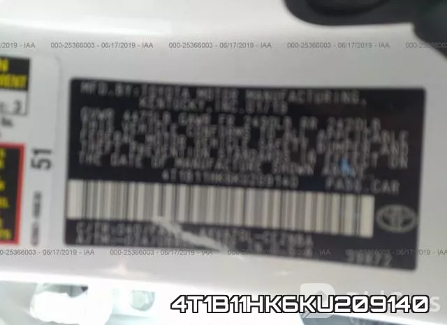 4T1B11HK6KU209140 фото 10
