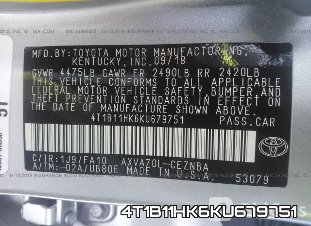 4T1B11HK6KU679751 фото 10