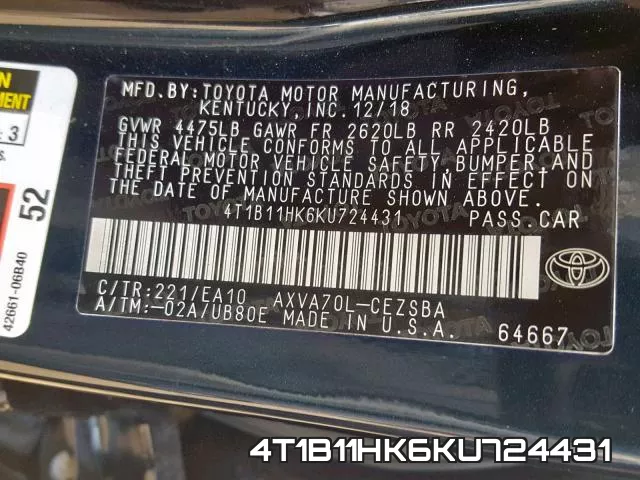 4T1B11HK6KU724431 фото 2