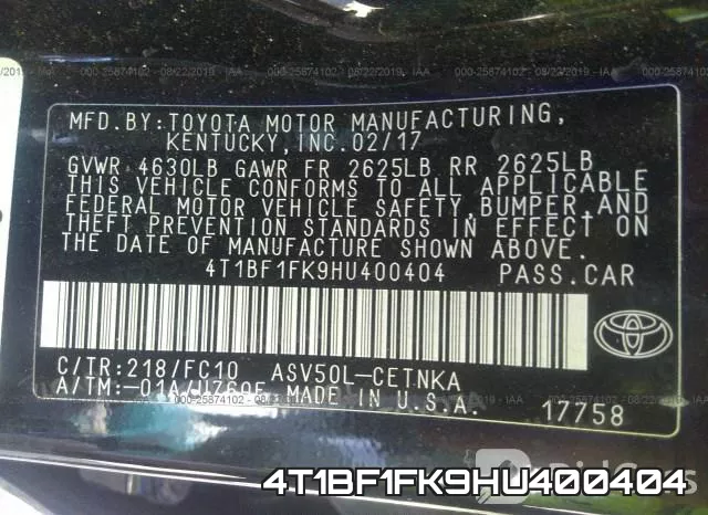4T1BF1FK9HU400404 фото 10