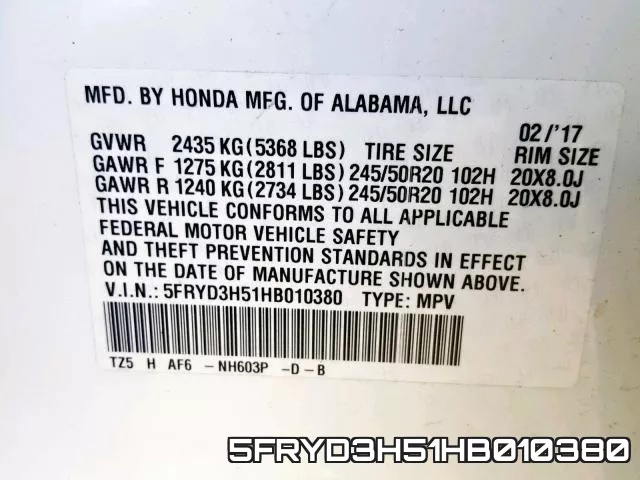 5FRYD3H51HB010380 фото 2