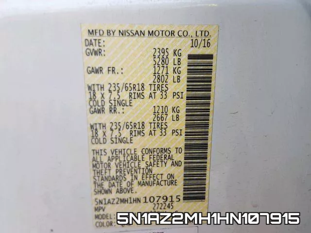 5N1AZ2MH1HN107915 фото 2