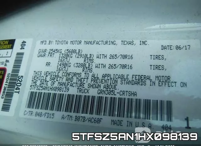 5TFSZ5AN1HX098139 фото 10
