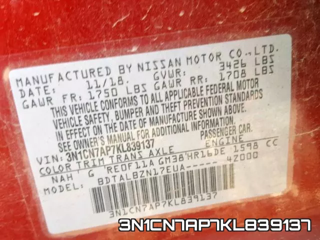 3N1CN7AP7KL839137 фото 2