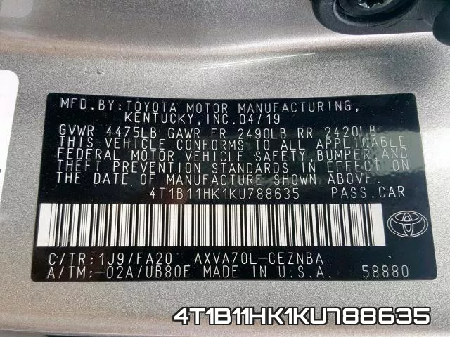 4T1B11HK1KU788635 фото 2