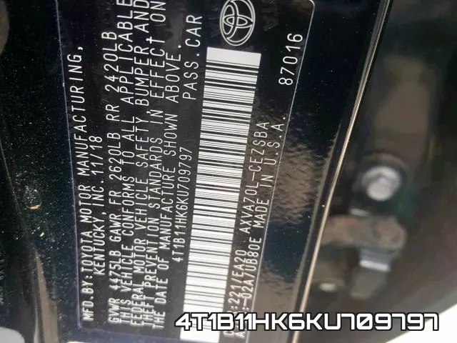 4T1B11HK6KU709797 фото 2