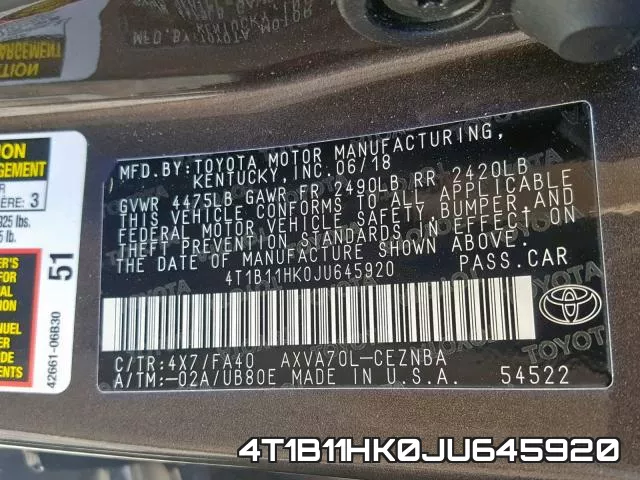 4T1B11HK0JU645920 фото 2