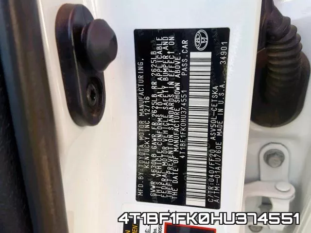 4T1BF1FK0HU374551 фото 2
