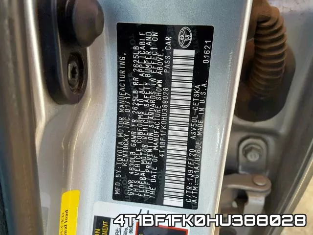 4T1BF1FK0HU388028 фото 2