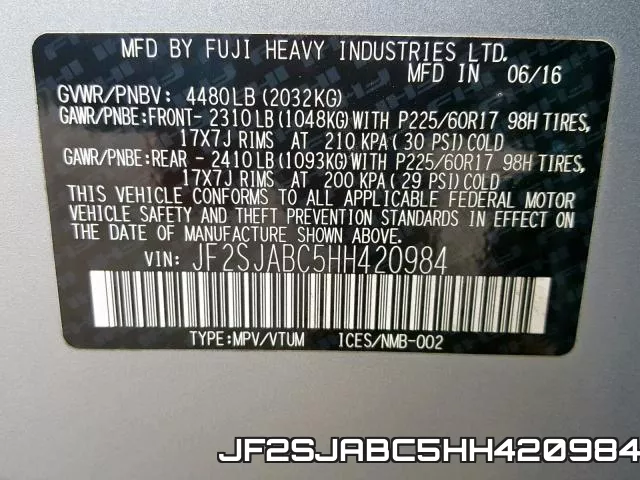 JF2SJABC5HH420984 фото 2