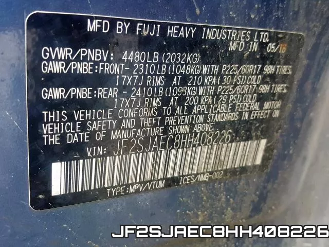 JF2SJAEC8HH408226 фото 2