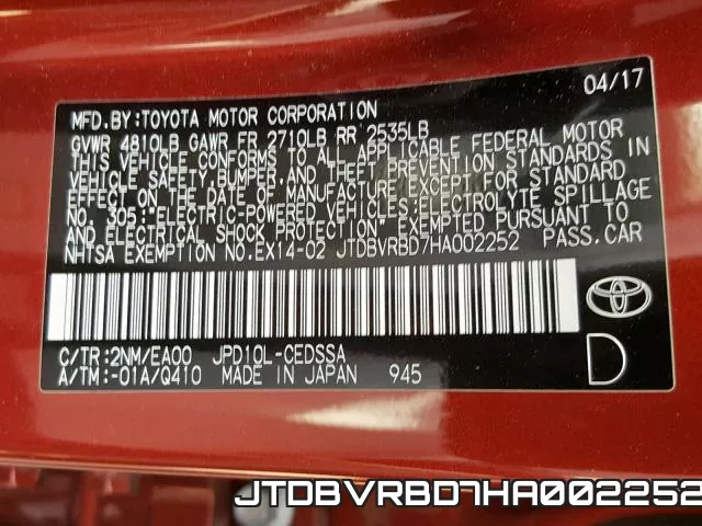 JTDBVRBD7HA002252 фото 2