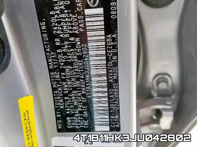 4T1B11HK3JU042802 фото 2