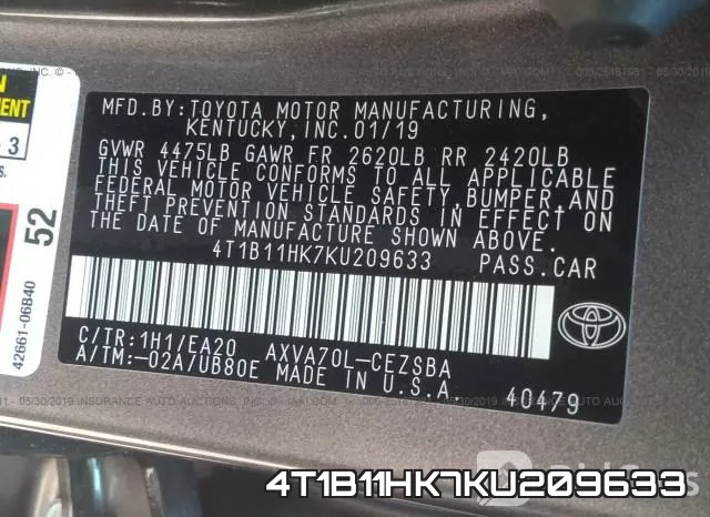 4T1B11HK7KU209633 фото 10