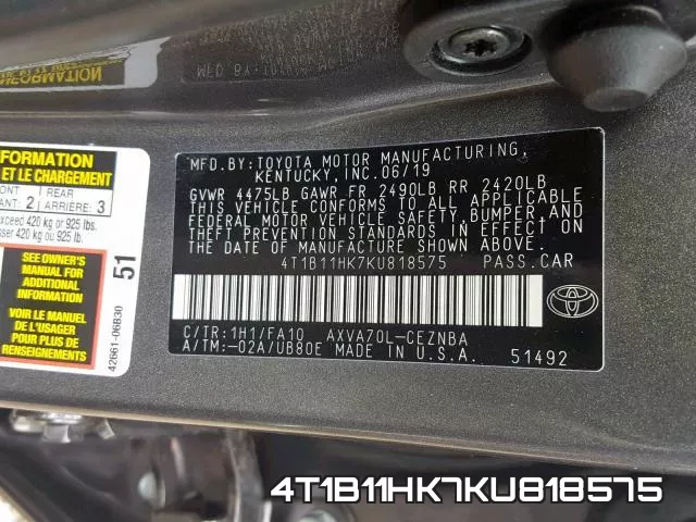 4T1B11HK7KU818575 фото 2