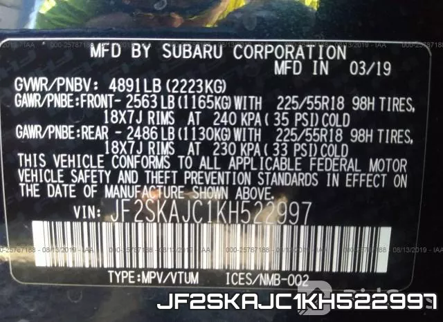 JF2SKAJC1KH522997 фото 10