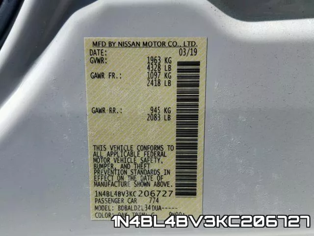 1N4BL4BV3KC206727 фото 2