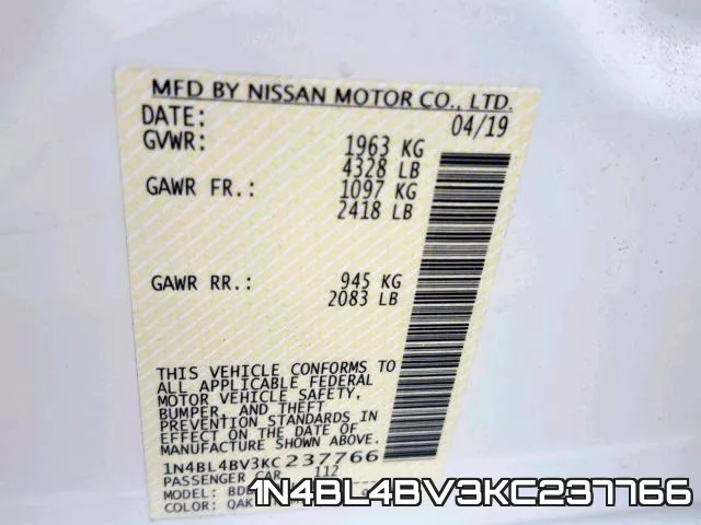 1N4BL4BV3KC237766 фото 2