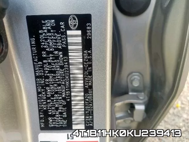 4T1B11HK0KU239413 фото 2
