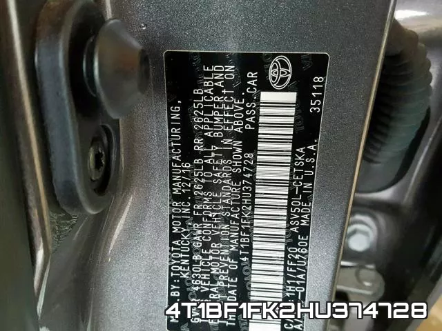 4T1BF1FK2HU374728 фото 2