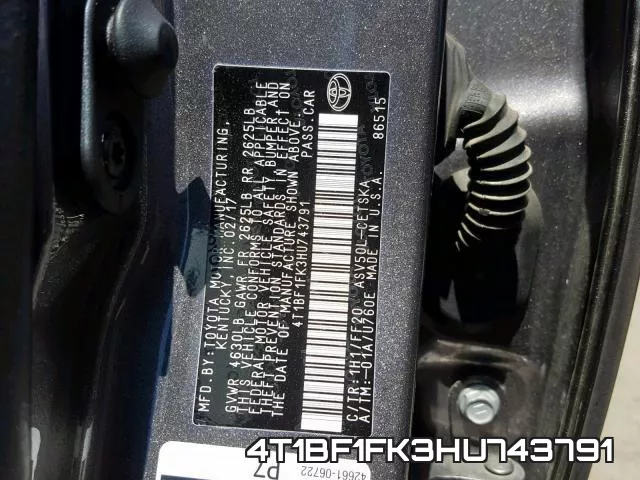 4T1BF1FK3HU743791 фото 2