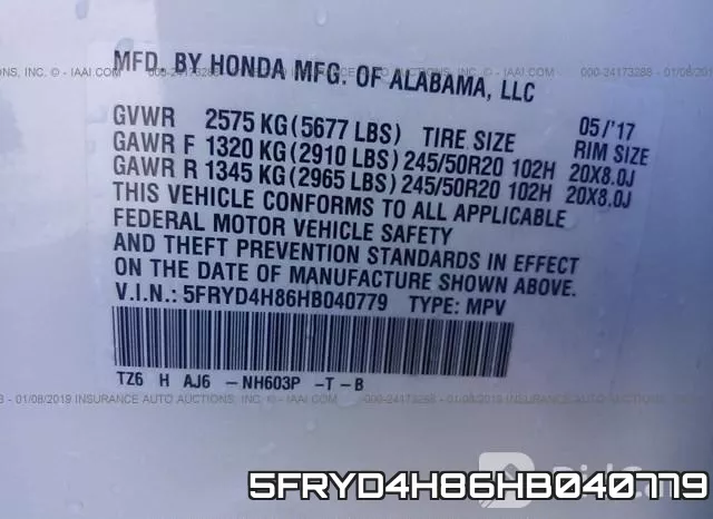 5FRYD4H86HB040779 фото 10