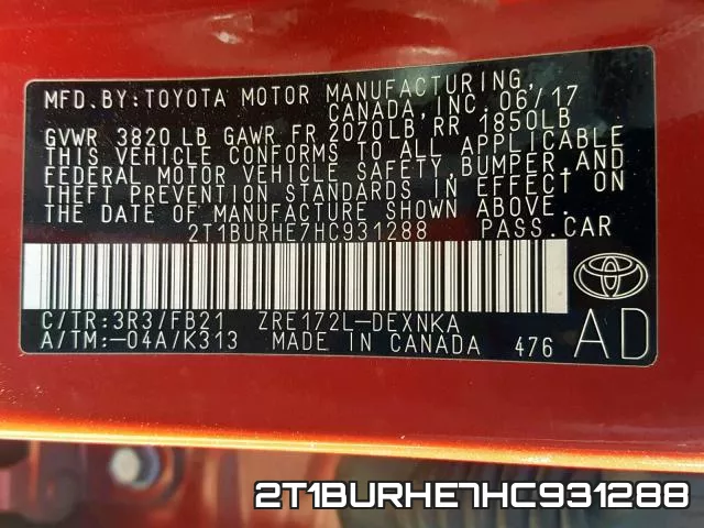 2T1BURHE7HC931288 фото 2