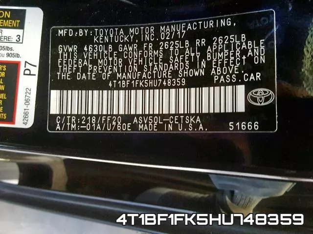 4T1BF1FK5HU748359 фото 2