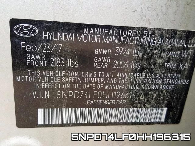 5NPD74LF0HH196315 фото 2