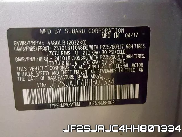 JF2SJAJC4HH807334 фото 2