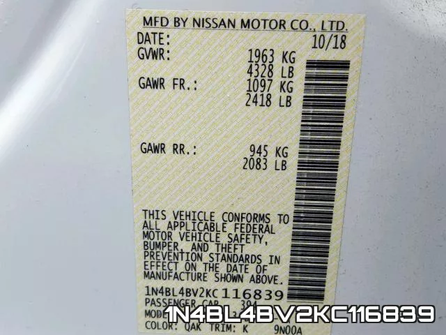 1N4BL4BV2KC116839 фото 2