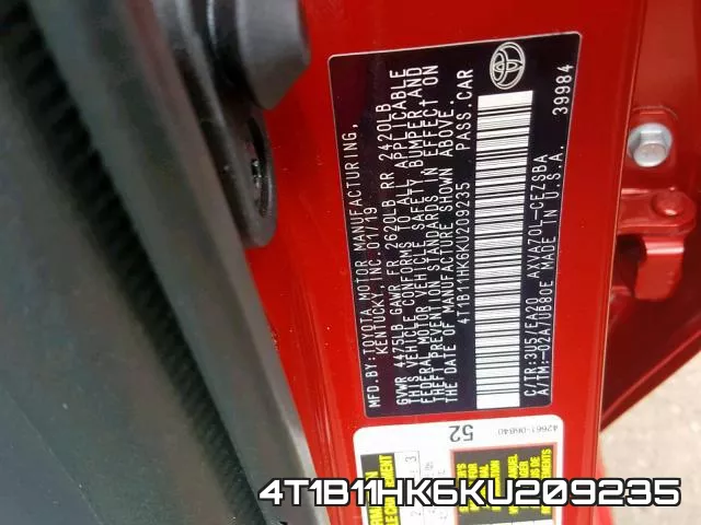 4T1B11HK6KU209235 фото 2