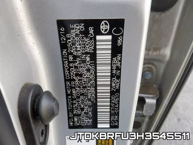 JTDKBRFU3H3545511 фото 2