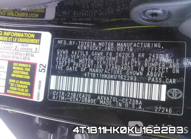 4T1B11HK0KU162283 фото 10