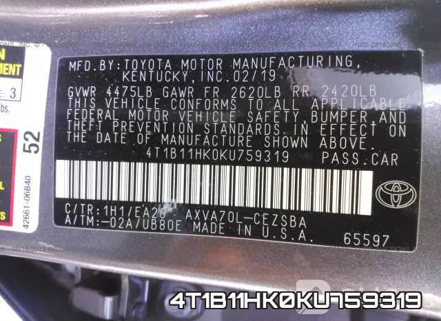 4T1B11HK0KU759319 фото 10