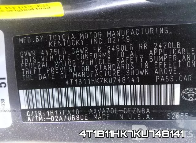 4T1B11HK7KU748141 фото 10