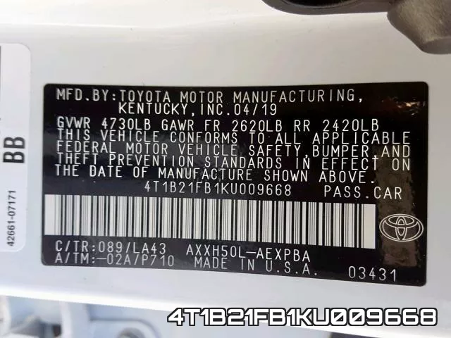 4T1B21FB1KU009668 фото 2