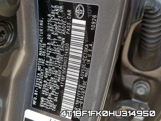 4T1BF1FK0HU314950 фото 2
