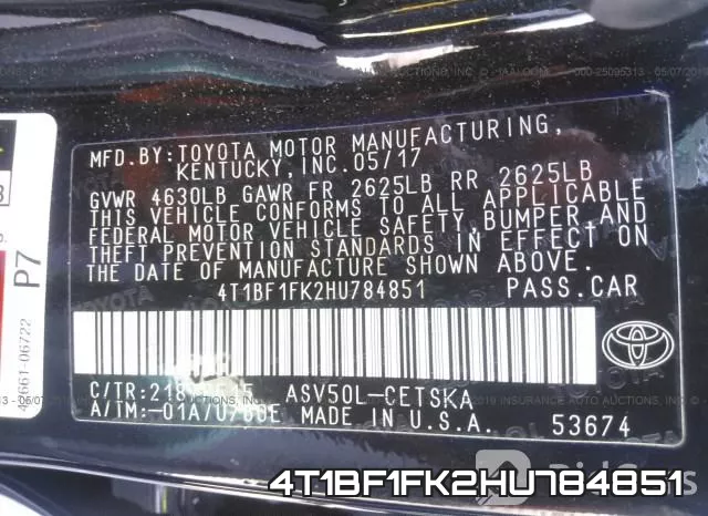 4T1BF1FK2HU784851 фото 10