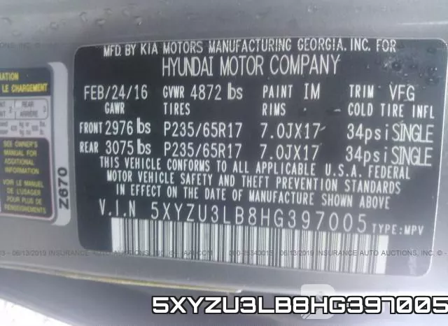 5XYZU3LB8HG397005 фото 10