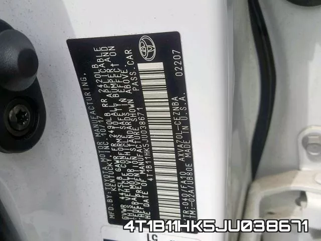 4T1B11HK5JU038671 фото 2