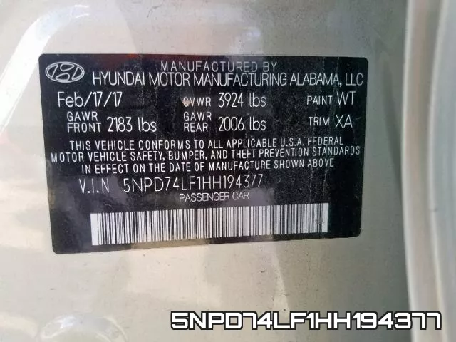 5NPD74LF1HH194377 фото 2