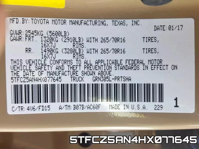 5TFCZ5AN4HX077645 фото 2