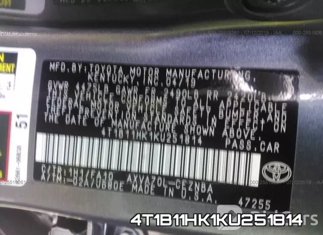 4T1B11HK1KU251814 фото 10