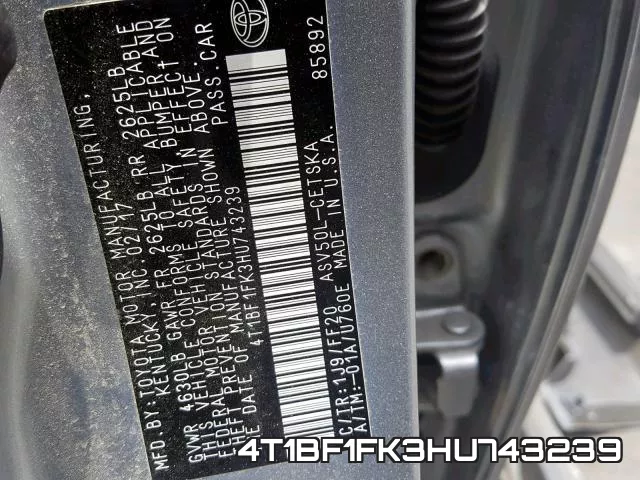 4T1BF1FK3HU743239 фото 2