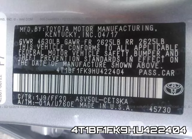 4T1BF1FK9HU422404 фото 10