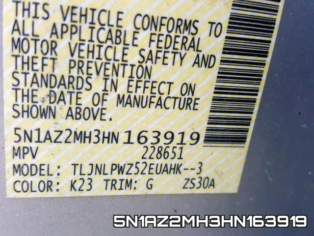 5N1AZ2MH3HN163919 фото 2