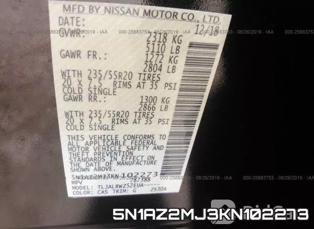 5N1AZ2MJ3KN102273 фото 10