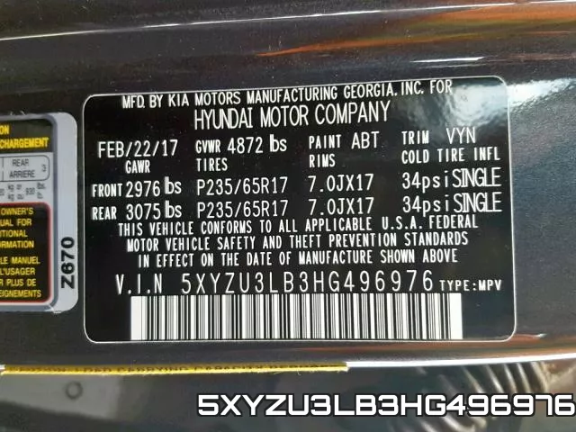 5XYZU3LB3HG496976 фото 2